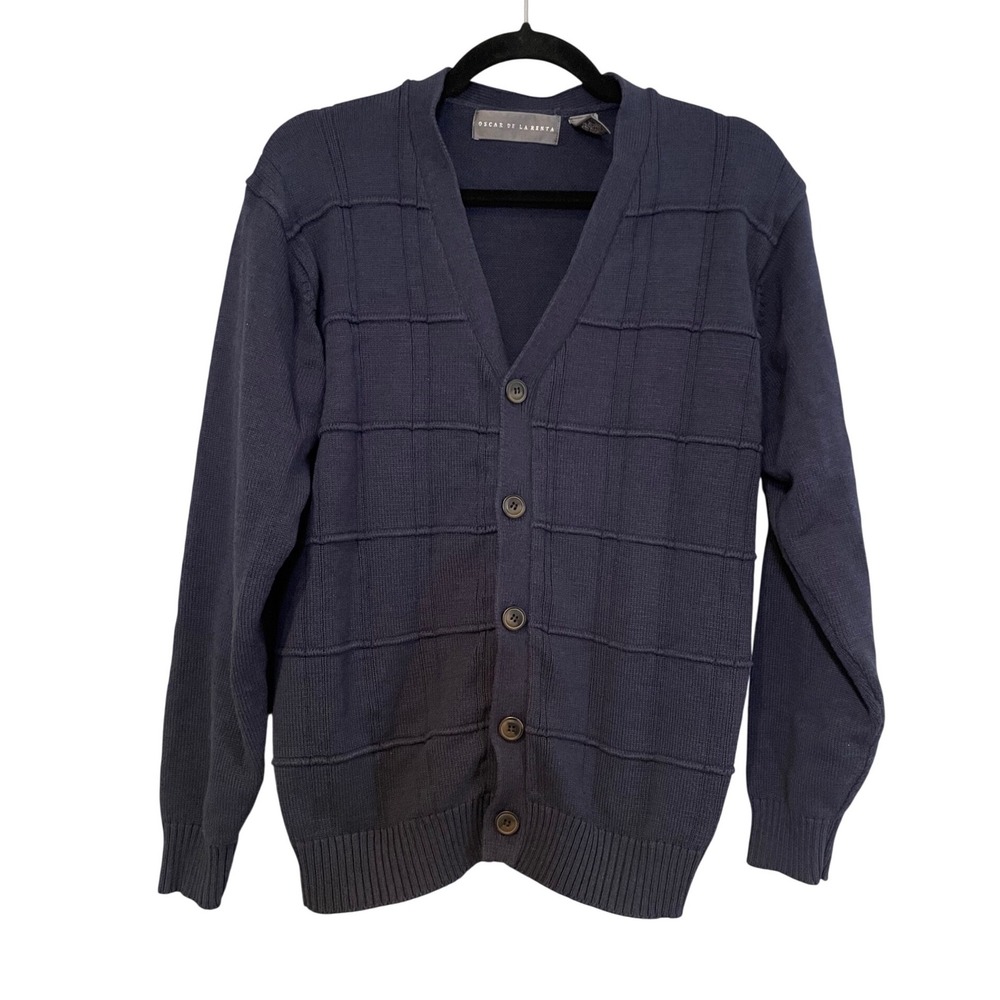 Oscar de la Renta Men Navy Blue  Sweater Button Front L Eclectic Grandpa Coastal